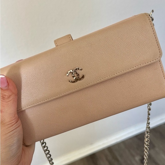 Authentic Chanel Coco Mark Sevruga Caviar Skin Flap Long Wallet On Chain Pink - Picture 12 of 16